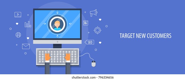 Target New Customers, Customer Targeting Flat Vector Concept On Blue Background