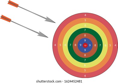 Target with numbers. Arrows with an iron tip fly into the target.