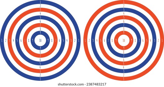 Target with numbers from one to ten. Two options with blue and red circles on the target.