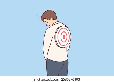 Target on back of business man causes stress and symbolizes presence of problems. Office worker with target on body suffers due to helplessness and lack of ability to get rid of troubles