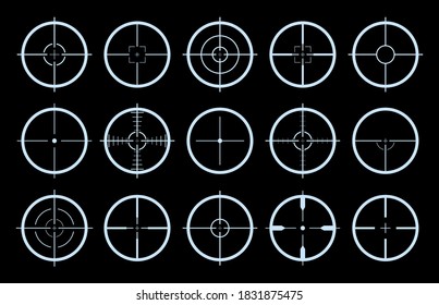 Target On Crosshair Of Gun. Sniper Sight Icons. Cross Scope For Rifle Of Army. Logo For Military Games. Shot In Aim. Lens With Focus Pointer For Weapon. Precise Telescope. Radar Symbols. Vector.