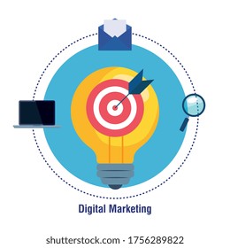 Ziel auf Glühbirne mit Symbolsatz Design, Digital Marketing und E-Commerce Thema Vektorgrafik