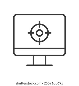 Target on PC, icon in line design. Target, PC, focus, goal, aim, precision, search on white background vector. Target on PC, icon in line design editable stroke icon