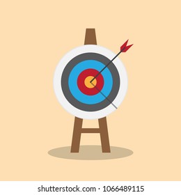 Target on wooden tripod with arrow in cente. Goal setting. Smart goal. Business target concept. Achievement and success. Vector illustration in flat style