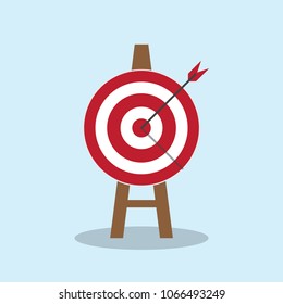 Target on wooden tripod with arrow in cente. Goal setting. Smart goal. Business target concept. Achievement and success. Vector illustration in flat style.