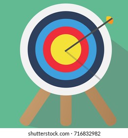 Target on wooden tripod with arrow in cente. Goal setting. Smart goal. Business target concept. Achievement and success. Vector illustration in flat style