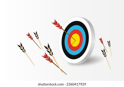Target with one arrow hitting the center and many arrows missed. 3d archery target with arrows and shadow. Concept of archery, determination, perseverance or reaching the goal in business. Vector.