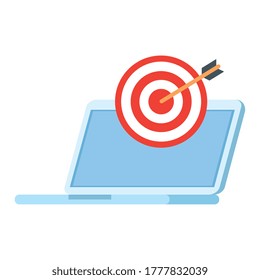 Ziel über Laptop-Design, Lösung Erfolgsstrategie Problem Innovation Kreativität Inspiration und Intelligenz Thema Vektorgrafik