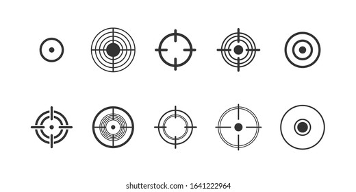 Target, pain circle vector glyph icons set. Sniper aim and dartboard black symbols collection. Pain localization marks isolated pack on white background. Radial abstract sign illustrations