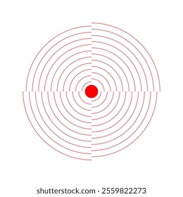 Target or pain localization icon. Ache or inflammation symbol. Pulse, radiation or vibration sign. Coverage or damage, radio or sonar signal pictogram. Vector illustration.