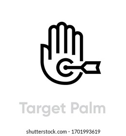 Target Palm icon. Editable line vector. Symbol palm clenched fingers with an arrow of the aim. Single pictogram.