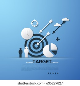 Concepto de papel objetivo. Siluetas blancas de puntería, flechas, persona, nubes, relojes y gráfico circular. Elementos modernos de estilo minimalista. Ilustración vectorial para banner, publicidad, presentación.