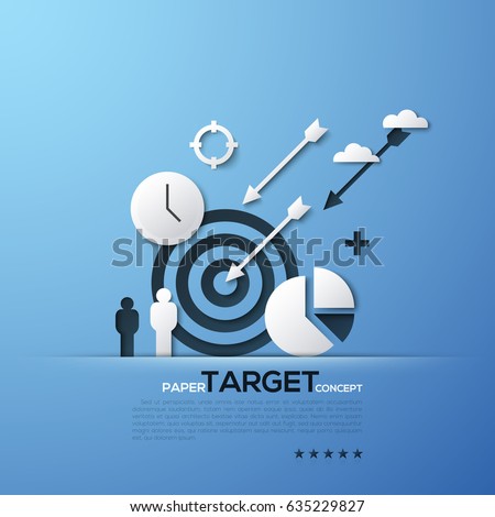 Target paper concept. White silhouettes of aim, arrows, person, clouds, watches and pie chart. Modern elements in minimalist style. Vector illustration for website banner, advertisement, presentation.