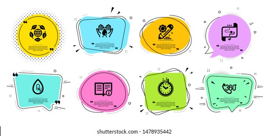 Target path, No alcohol and Safe water line icons set. Chat bubbles with quotes. Time, Project edit and Eco organic signs. Technical info, 360 degree symbols. Business aim, Mineral oil. Vector