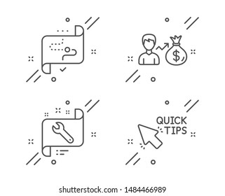 Target path, Spanner and Sallary line icons set. Quick tips sign. Business aim, Repair service, Person earnings. Helpful tricks. Business set. Line target path outline icon. Vector