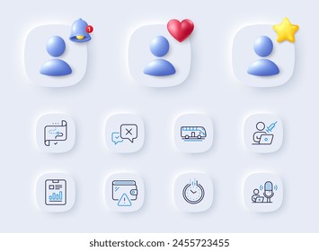 Target path, Vaccination appointment and Podcast line icons. Placeholder with 3d bell, star, heart. Pack of Time, Reject, Report document icon. Wallet, Bus tour pictogram. Vector