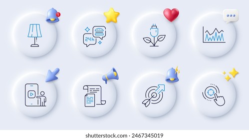Target, Phone video and Table lamp line icons. Buttons with 3d bell, chat speech, cursor. Pack of Seo target, Eco power, Investment icon. Documents, Food delivery pictogram. Vector