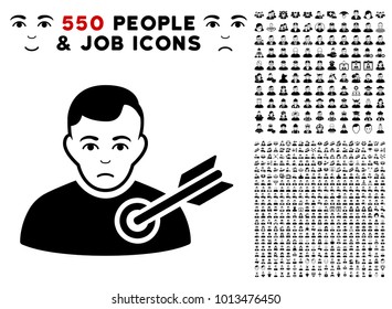 Target pictograph with 550 bonus pitiful and happy men design elements. Vector illustration style is flat black iconic symbols.