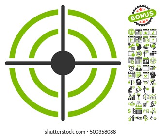 Target pictograph with bonus calendar and time service clip art. Vector illustration style is flat iconic symbols, eco green and gray colors, white background.