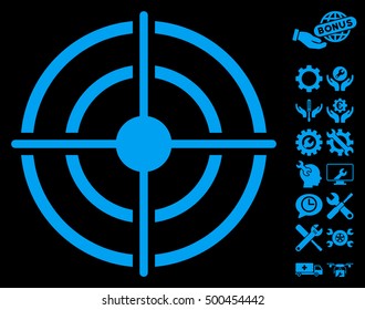 Target pictograph with bonus settings symbols. Vector illustration style is flat iconic symbols, blue color, black background.
