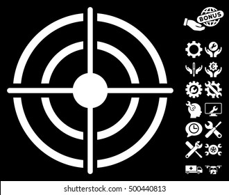 Target pictograph with bonus setup tools symbols. Vector illustration style is flat iconic symbols, white color, black background.