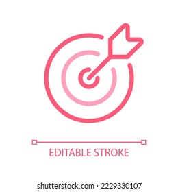 Icono de ui lineal de color perfecto para píxel de destino. Logro de los objetivos. Competencia deportiva. Entreteniendo el juego. Golpear el objetivo. GUI, diseño UX. Esquema de pictograma de interfaz de usuario aislado. Trazo editable. Tipo de letra arial utilizado