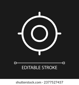 Target pixel perfect white linear ui icon for dark theme. Adjusting objective. Marketing tool. Vector line pictogram. Isolated user interface symbol for night mode. Editable stroke. Arial font used