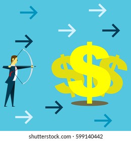 Target planning. Businessman preparing archery dollar. Concept business vector illustration.