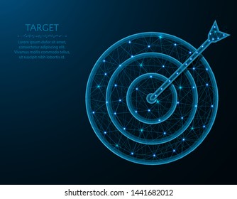 Target poly design, Arrow and aim abstract geometric image,  get into the bullseye wireframe mesh polygonal vector illustration made from points and lines on dark blue background