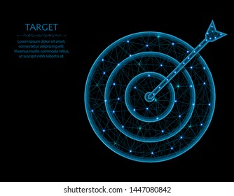 Target Poly Design, Arrow And Aim Abstract Geometric Image,  Get Into The Bullseye Wireframe Mesh Polygonal Vector Illustration Made From Points And Lines On Black Background