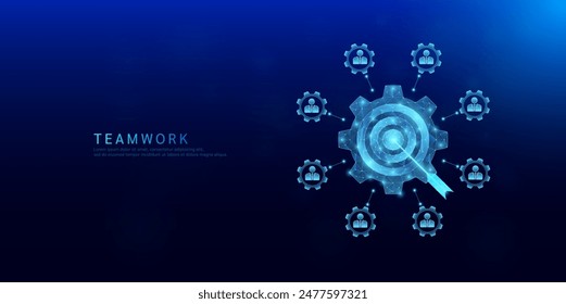 Target polygonal glowing on cogwheels surrounded by people icon gears. Share ideas workplace teamwork. Collaboration effective functioning for the organization success goals. Vector EPS10.