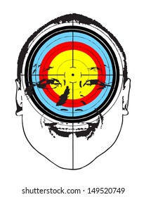 A Target practice bullseye symbol on a face, isolated against white. 