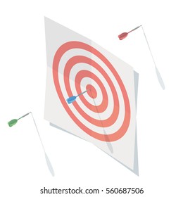 The target printed on paper with an arrow in the middle. Target icon web. Target marketing icon. Darts isolated on white. Isometric style. Vector illustration.