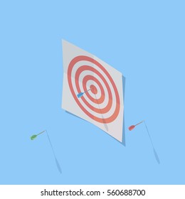 The target printed on paper with an arrow in the middle. Target icon web. Target marketing icon. Darts isolated on blue background. Isometric style. Vector illustration.