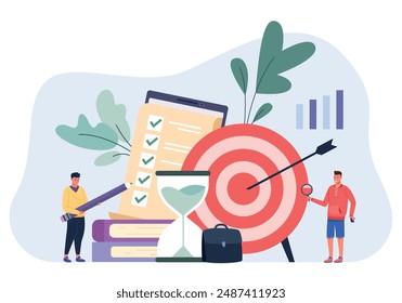 Target productive system. Employees exercising achieve goals business and work discipline training, success time management development checklist organization, vector illustration