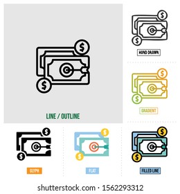  target profit icon in six different styles, based on outline style, seo icon set, vector