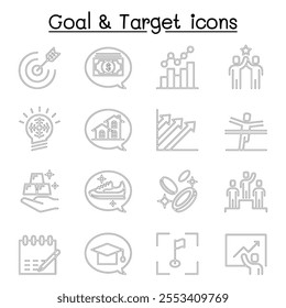 Target, purpose, aim, self improvement, development icon set in thin line style