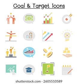 Target, purpose, aim, self improvement, development icon set in flat color style