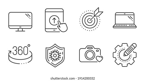 Destino, Equipo e iconos de la línea de conexión. Aparatos de configuración, protección Coronavirus y señales de cámara fotográfica. 360 grados, símbolos para portátiles. Iconos de línea de calidad. Identificador de propósito. Vector