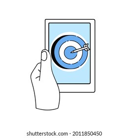 Target with purpose and dart in tablet. Aim shooting and purposefulness. Outline cartoon illustration. Gadget in hand