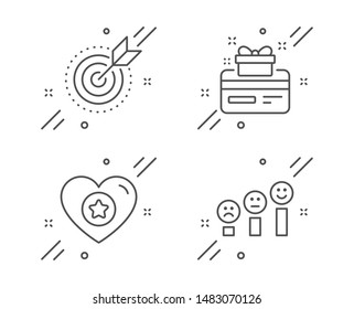 Target purpose, Heart and Loyalty card line icons set. Customer satisfaction sign. Business focus, Star rating, Bonus points. Happy smile chart. Technology set. Vector