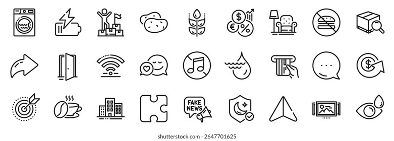Target purpose, Potato and Fake news line icons pack. Share, Message, Paper plane icons. Search package, Hydroelectricity, Puzzle web icon. Credit card, Battery, Eye drops pictogram. Vector