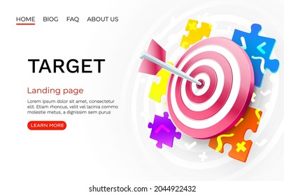 Target puzzle landing page, banner business 3d icon. Vector illustration