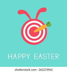 Target with rabbit ears and carrot arrow. Happy easter card Flat design background Vector illustration.