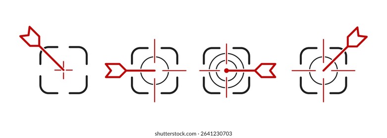 Target with Red Arrow Icon Set – Focus, Goal, and Accuracy Symbols in Minimal Outline Style