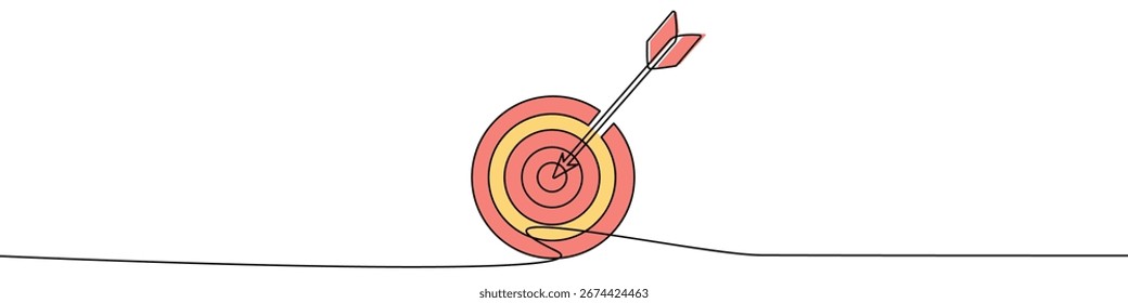 Objetivo con círculos rojos y amarillos y flecha en el centro en un estilo de arte de línea. Dibujo objetivo con trazo negro editable sobre fondo blanco. Ilustración vectorial.