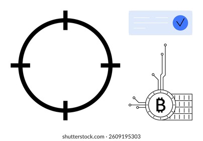 A target reticle on the left, a Bitcoin symbol integrated with a circuit board on the bottom right, and a checkmark tick in a blue box on the top right. Ideal for blockchain technology