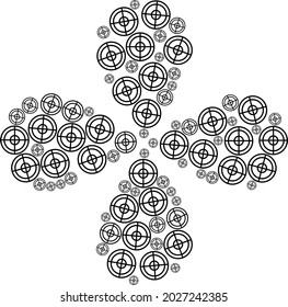 Grupo de flores de rotación de destino. Flor de elemento con 4 pétalos hechos a partir de símbolos orientados al objetivo. Collage de flores vectoriales en estilo plano.