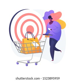 Target sales. Clients attraction accuracy, shopping list, consumerism idea. Retail service customer, shopper with trolley cartoon character. Vector isolated concept metaphor illustration