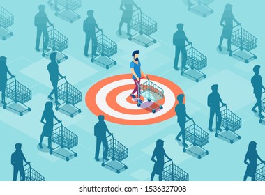 Target sales and marketing accuracy concept. Vector of a targeted customer with a shopping cart 